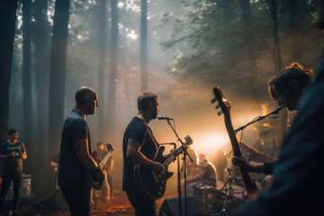 Performance of a rock band in the forest. Generative AI