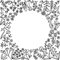 Vector doodle wild flowers frame illustration. Hand drawn different kinds of flowers frame