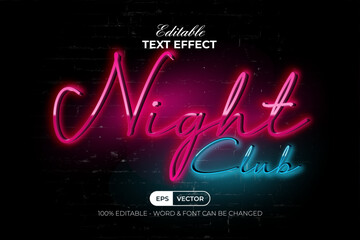 Neon light text effect night club style. Editable text effect.