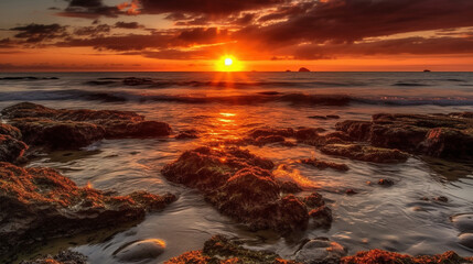 Obraz premium Generate a description of a beautiful sunset on a beautiful rocky ocean shore in 200 words. Leave only nouns and adjectives. Separate the words with commas. Generative AI