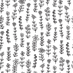 Doodle summer flowers seamless pattern. Vector mille fleur pattern on white background.