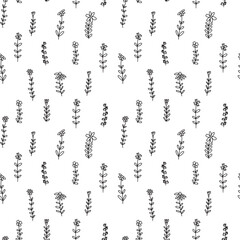 Doodle summer flowers seamless pattern. Vector mille fleur pattern on white background.