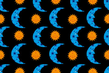 Seamless pattern with Cartoon Sun and Moon on style black background. Children Wallpaper. Summer Background. Sunny backdrop. Ethnic textile and bed linen print. Folk ornament. Vector illustration.