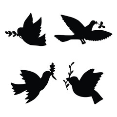 A black silhouette of three doves with a twig in the center and a small twig in the middle.