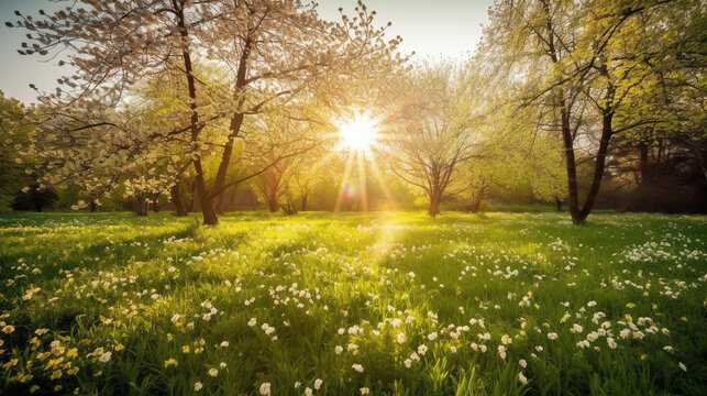 Generate a description of a sunny spring morning in beautiful nature of 200 words. Leave only nouns and adjectives. Divide the words with commas. Generative AI