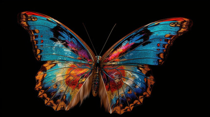 Obraz na płótnie Canvas Butterfly, beautiful, bright, colorful, delicate, elegant, exquisite, unique, thin, airy, incredible, multifaceted, brightly colored, shimmering, luxurious, fantastic, marvelous, a Generative AI