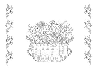 花いっぱいの花籠と装飾 線画 モノクロ