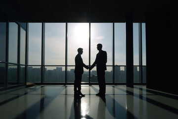 Silhouette of two businessmen men's silhouette shaking hands in a modern office with a view. Generative Ai