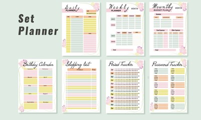 Set planner in beautiful tone platons, weekly, diary, shopping list, periodical for girls, and many assistants.
 Simple life planners daily organization vector minimalist template