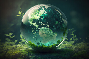 Naklejka na ściany i meble Glass Globe with Planet Earth inside in Nature. Renewable Energy and Environmental Protection. Generative AI.