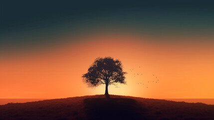 Fototapeta na wymiar Minimalist landscape with a single tree and a sunset sky Generative AI