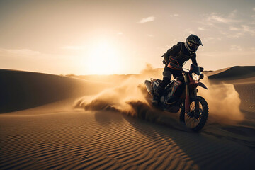 Desert, nature and athlete riding a motorcycle for exercise, fitness or skill training in nature. Generative AI