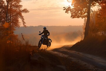 Motorcycle Rider Drives Over the Dirt Road Track. Generative AI