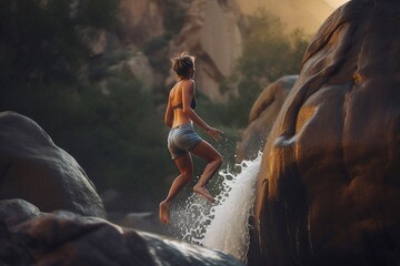 Female jumping off small cliff into a lake. Generative AI