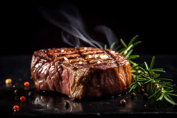 Yummy beef grill steak on a table in a dark black background with fire and smoke, food photograph, food styling