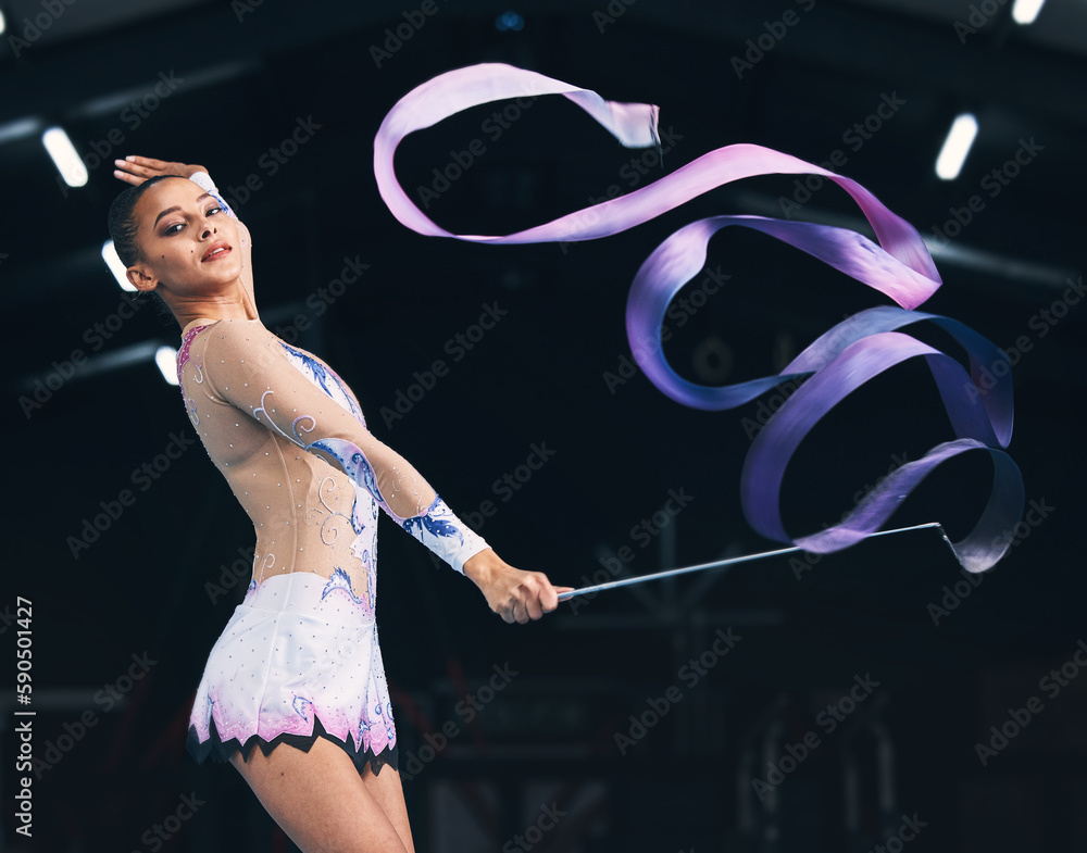 Wall mural Portrait ribbon and woman gymnast with fitness, performance art and training. Gymnastics, dancing and studio show of a gymnastic dancer in a exercise competition with creative workout and moving