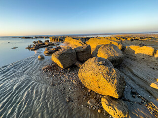 Gradually eroded wave-cut platform of sandstone at Bexhill, East Sussex, England