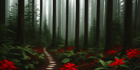 Mysterious and foggy forest with forest path and elements of red vegetation. Generative AI.