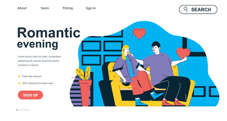 Romantic evening concept for landing page template. Loving man and woman talks sitting on couch. Couple relationship, family people scene. Vector illustration with flat character design for web banner