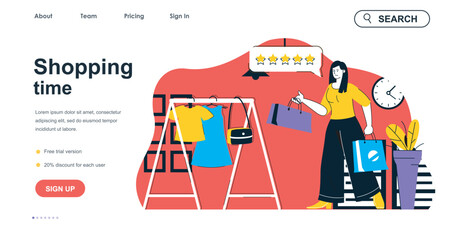 Shopping time concept for landing page template. Woman buys new clothes in boutique. Buyer makes bargain purchases in store people scene. Vector illustration with flat character design for web banner - obrazy, fototapety, plakaty