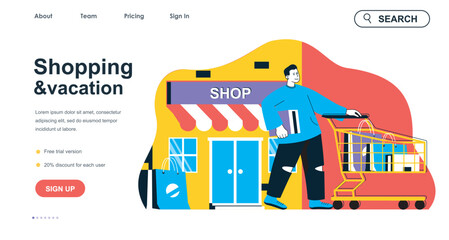 Fototapeta premium Shopping and vacation concept for landing page template. Man shopping in store on travel and walking with purchase cart, people scene. Vector illustration with flat character design for web banner