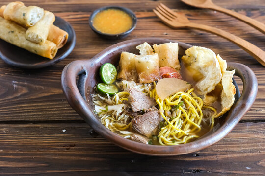 Soto Mie Bogor Or Noodle Soup With Spring Roll