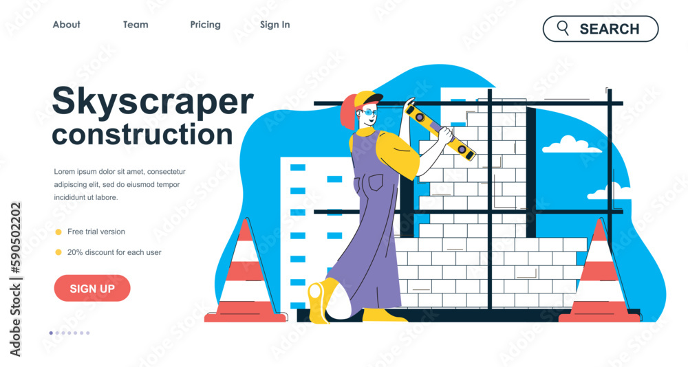 Poster skyscraper construction concept for landing page template. woman engineer working on building site. 