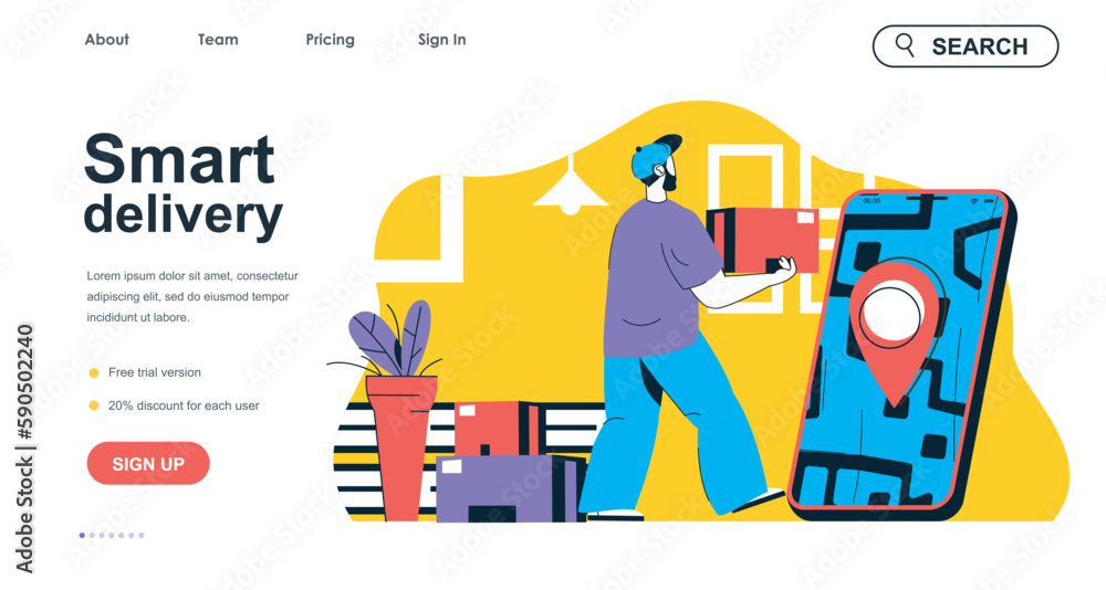 Aufkleber Smart delivery concept for landing page template. Courier holds box and delivering to client. Shipment service in mobile app people scene. Vector illustration with flat character design for web banner