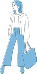 トートバッグを持ち上を見て歩く横顔の女性｜全身・ブルー配色