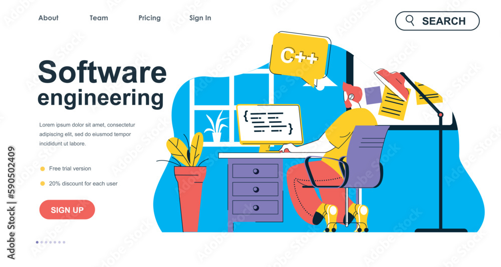 Poster Software engineering concept for landing page template. Programmer creates apps, works at computer. Development of programs people scene. Vector illustration with flat character design for web banner