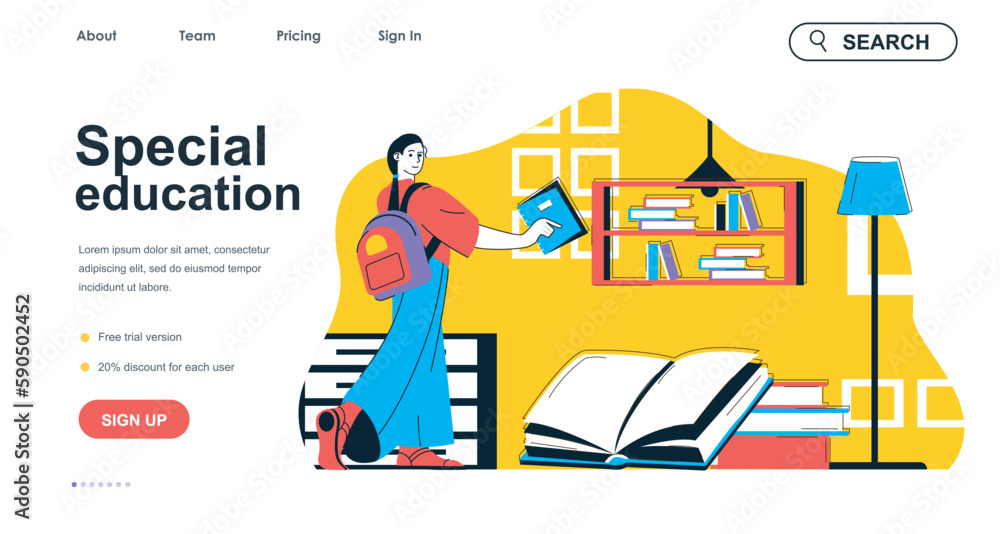Poster special education concept for landing page template. woman learns to university or college program. 