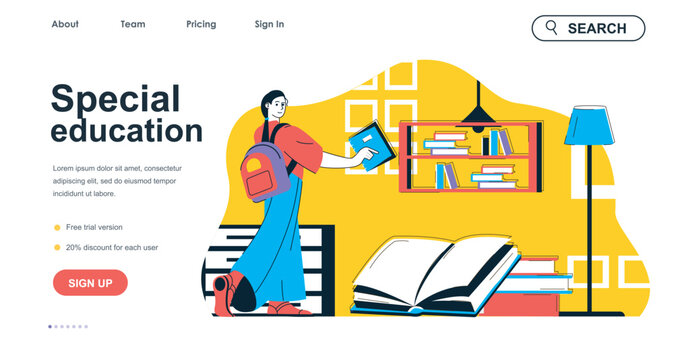 Special education concept for landing page template. Woman learns to university or college program. Inclusive education people scene. Vector illustration with flat character design for web banner