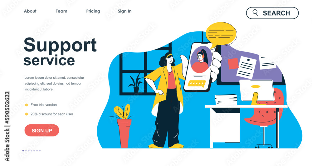Leinwandbilder support service concept for landing page template. woman talking operator helpdesk. call center and 