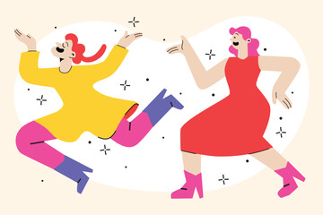 Happy free people flying, floating and jumping in air. Men and women moving forward