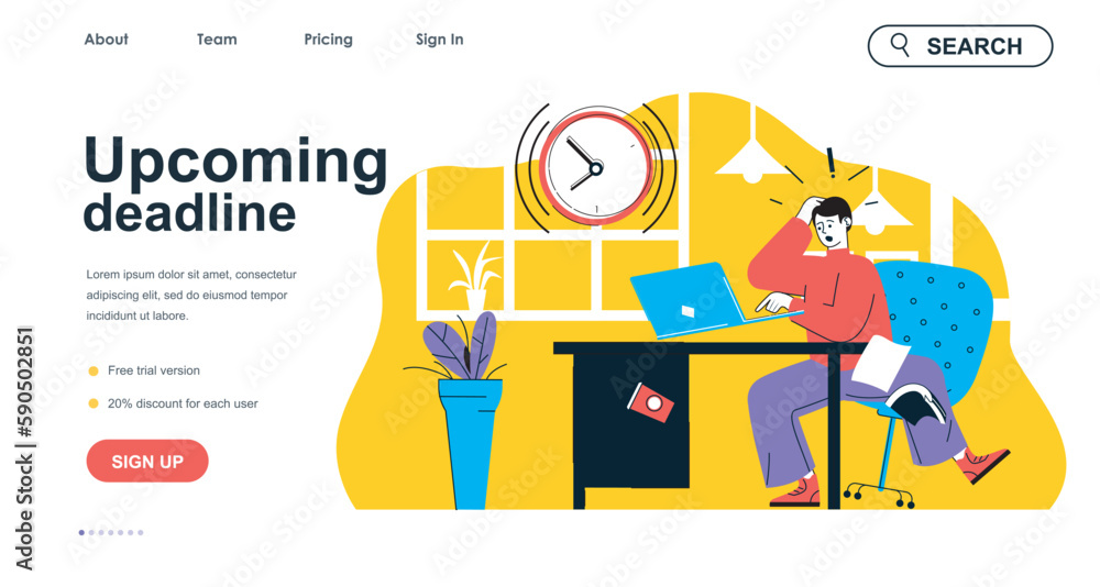 Wall mural upcoming deadline concept for landing page template. stressed employee trying to finish work tasks i