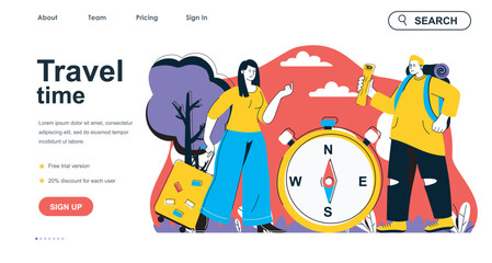 Fototapeta premium Travel time concept for landing page template. Man and woman with luggages and compass goes on trip. Vacation and tourism people scene. Vector illustration with flat character design for web banner
