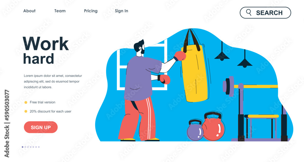 Aufkleber work hard concept for landing page template. man boxing and exercising with punching bag in gym. act