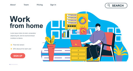 Work from home concept for landing page template. Man freelancer working online at laptop. Comfortable freelance workplace people scene. Vector illustration with flat character design for web banner
