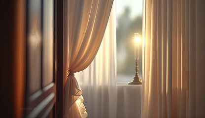 Lamp in window with curtains.