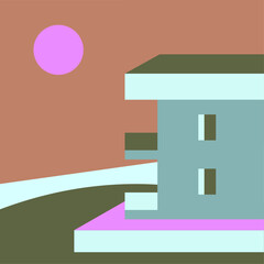 vector, three-color minimalist architecture, on the beach, with a sunset, sepia style