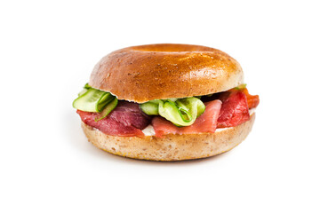 Sandwich with salmon and tuna, tomato and cucumber isolated on white background