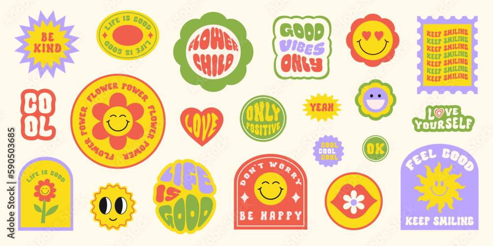 Poster trendy colorful set stickers with smiling face and text. collection of cartoon shapes, positive slog