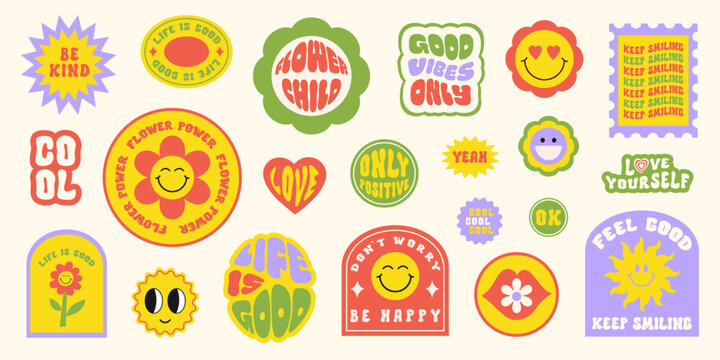 Trendy colorful set stickers with smiling face and text.   Collection of cartoon shapes, positive slogans in style 70, 80s. Vector illustration