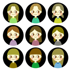 ポップで可愛い女の子の円形アイコン セット