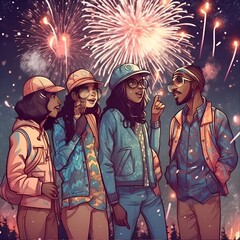 Group of young people with fireworks in the night.  illustration.