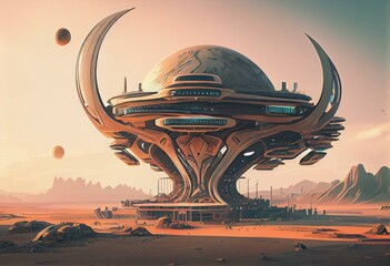 Fototapeta na wymiar Digital painting of futuristic alien city. Conceptual illustration. Generative AI