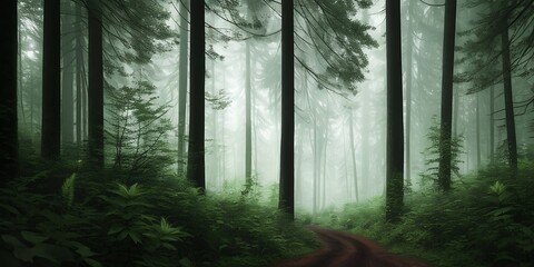 Mysterious forest with fog and forest path. Generative AI.