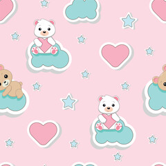 Seamless children's pattern with bears, clouds, hearts, stars on a pink background.