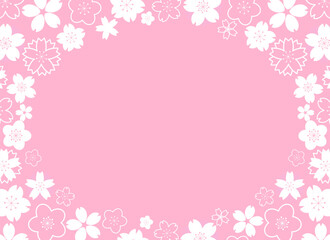 Horizontal frame with white geometrical sakura flowers on pink background