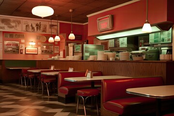 A cozy and inviting interior of a pizza store with brick walls and wooden tables , ai generated